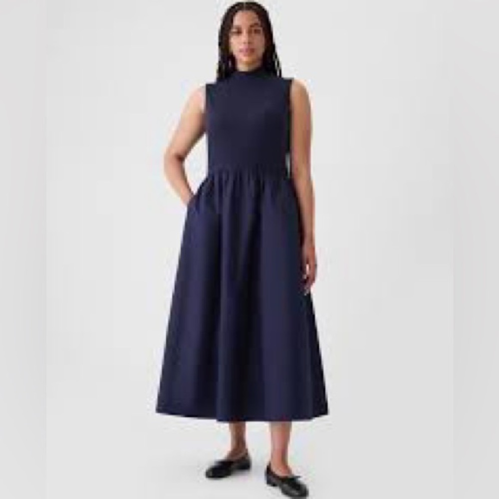 Gap Mixed media mockneck midi dress, navy, large